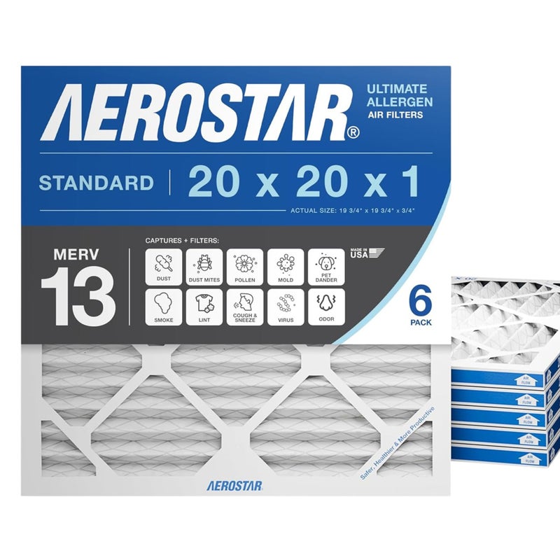 Aerostar 20x20x1 MERV 13 Air Filter, 6 Count, ACTUAL SIZE (19.75 x 19.75 x 0.75), HVAC, Air Conditioning & Furnace Filter for Allergies, Dust, Pet Dander & Smoke (MPR 1500 / FPR 10), Made in USA - Image 1